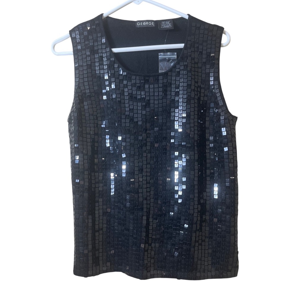 George Black Sequin Tank Top Size M Holiday Party Disco Glam Goth Y2K New‎ Years